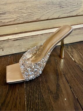 Champagne Rhinestone Mule Heels | Crystal Square Toe Slide Sandals | Size 8